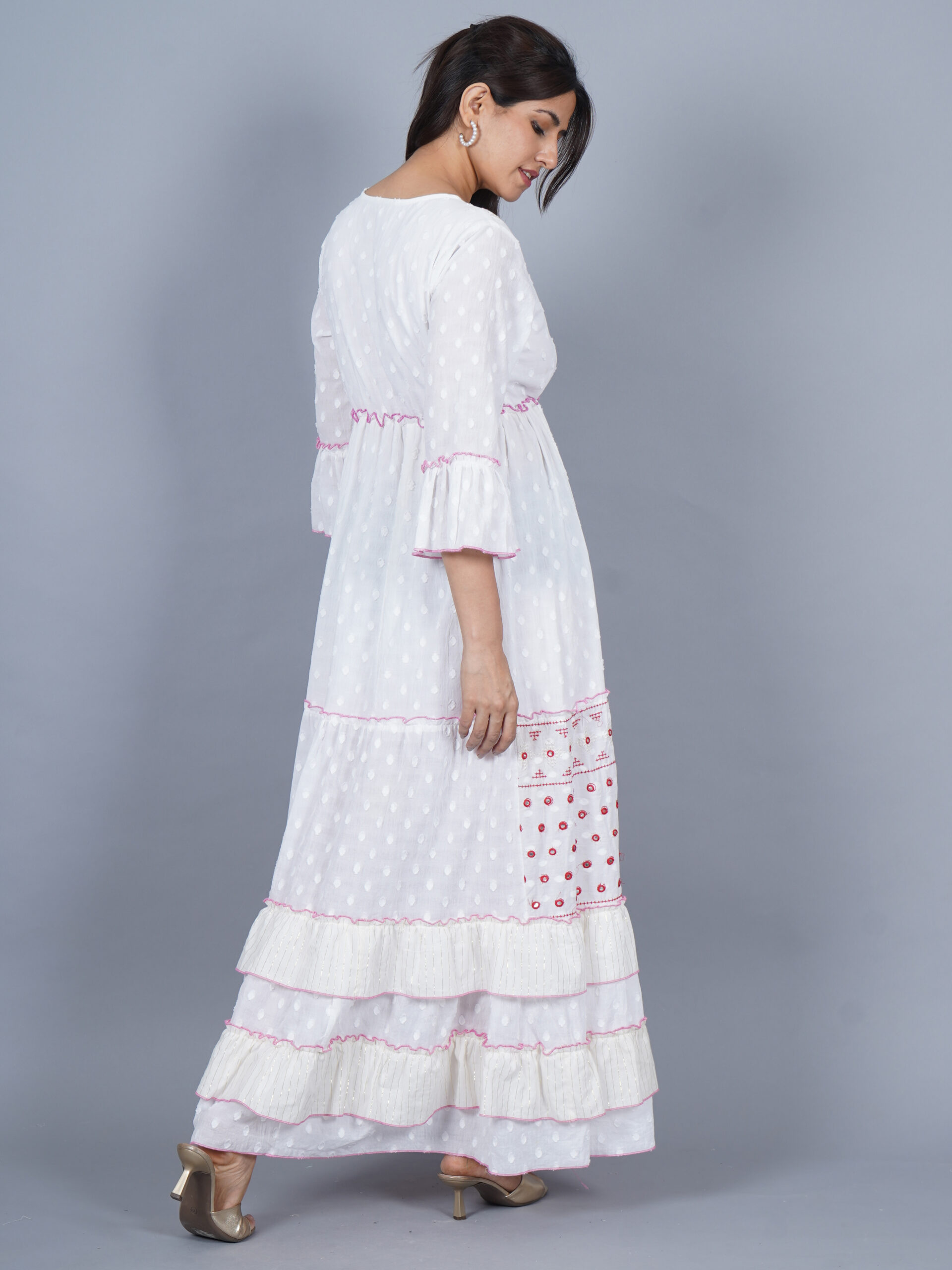 Stylish Summer Cotton Long Floral Embroidery Lurex Dress