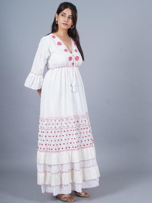 Stylish Summer Cotton Long Floral Embroidery Lurex Dress